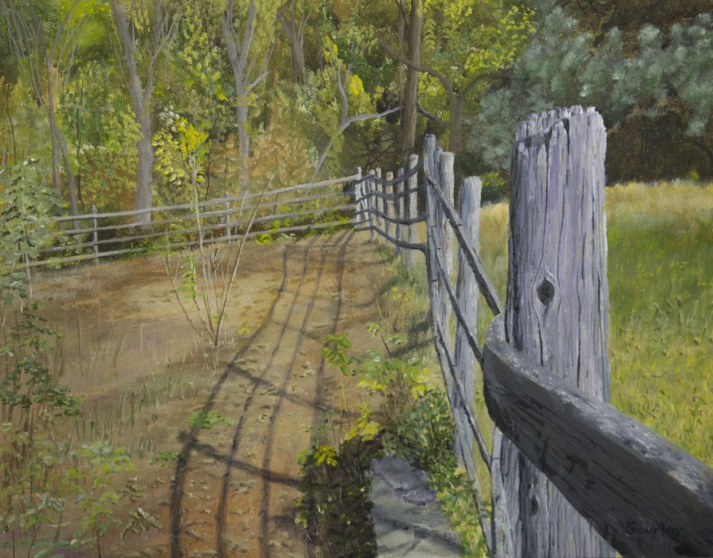 Painting of landscape with a worn fence by Kenneth Gourlay.