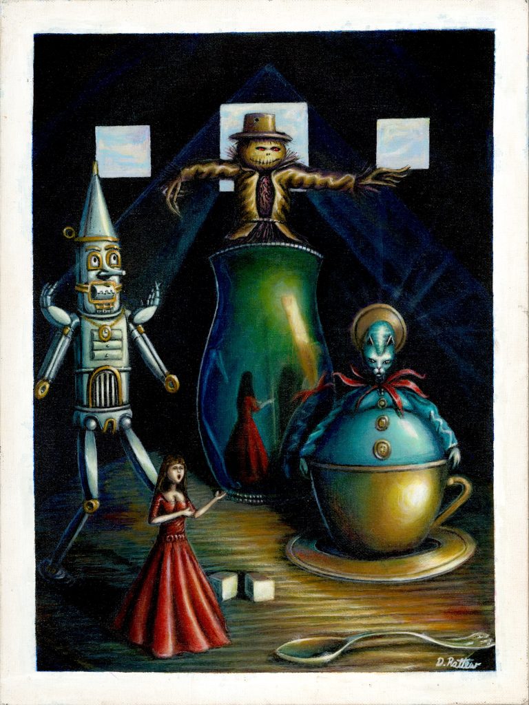 Tin man, scarecrow, Dorthy and cat in teacup in front of 3 windows.