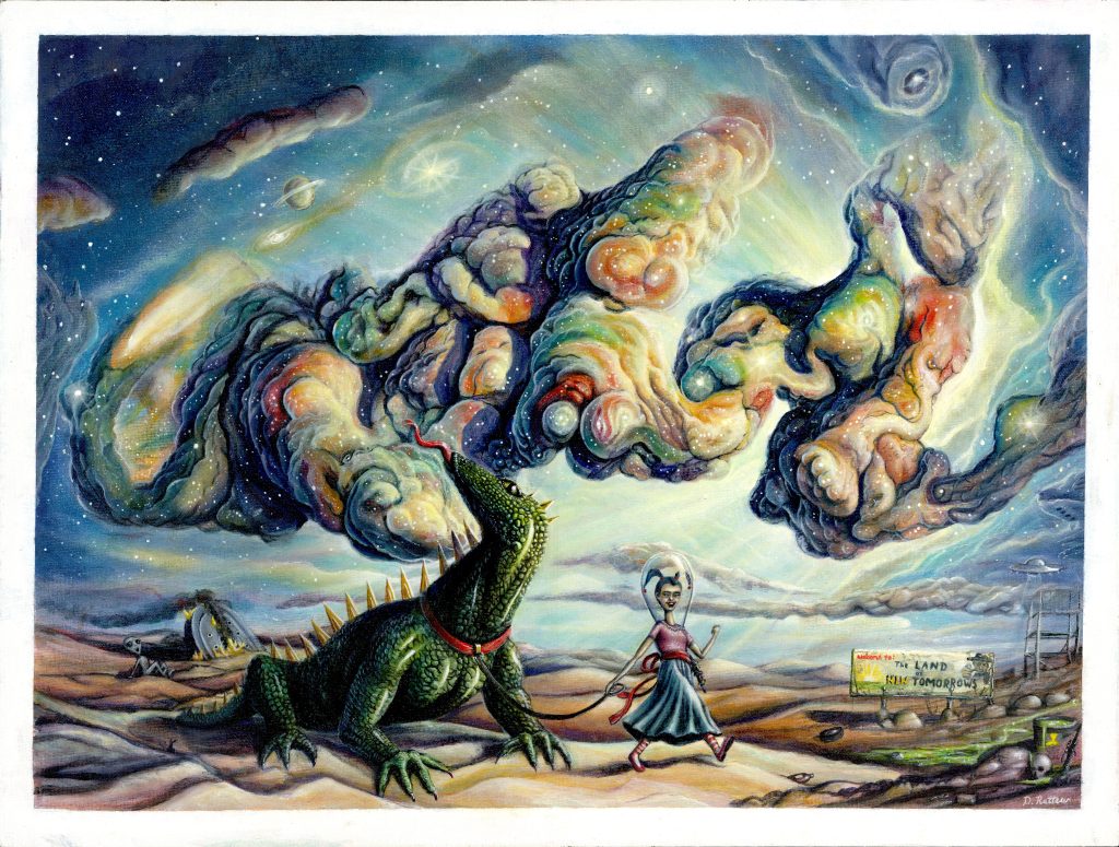 Space girl leading lizard in front of swirling rainbow clouds