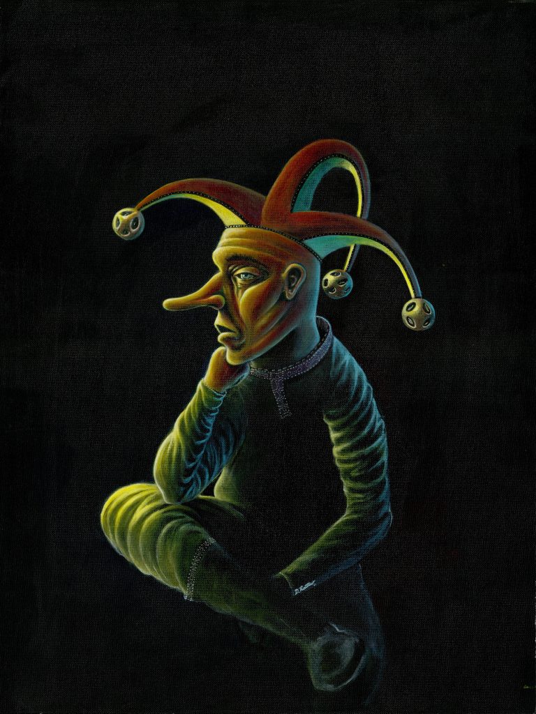 Jester with his chin on his hand and elbow on knee looking out in the distance